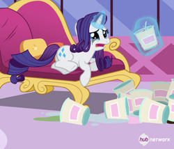 Size: 546x467 | Tagged: safe, screencap, character:rarity, species:pony, species:unicorn, episode:inspiration manifestation, g4, my little pony: friendship is magic, comfort eating, cropped, crying, eating, faec, fainting couch, female, hub logo, ice cream, magic, mare, marshmelodrama, rarity being rarity, running makeup, solo, telekinesis, the hub