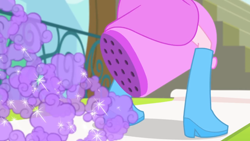 Size: 1440x810 | Tagged: safe, screencap, character:pinkie pie, episode:pinkie on the one, equestria girls:rainbow rocks, g4, my little pony:equestria girls, banner, boots, clothing, glitter, high heel boots, out of context, skirt, solo