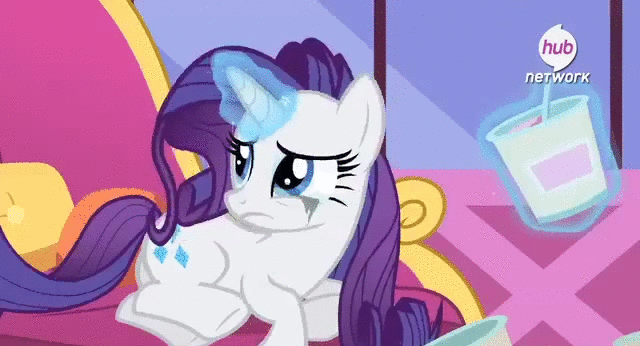Size: 640x346 | Tagged: safe, screencap, character:rarity, episode:inspiration manifestation, g4, my little pony: friendship is magic, animated, comfort eating, crying, fainting couch, hub logo, hubble, ice cream, marshmelodrama, running makeup, solo, the hub