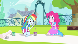 Size: 1440x810 | Tagged: safe, screencap, character:pinkie pie, character:rainbow dash, episode:pinkie on the one, equestria girls:rainbow rocks, g4, my little pony:equestria girls, balloon, boots, bracelet, clothing, cute, fence, grass, high heel boots, house, jewelry, paintbrush, rock, skirt, tree, wristband
