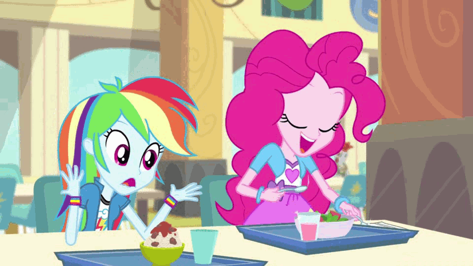 Size: 960x540 | Tagged: safe, screencap, character:pinkie pie, character:rainbow dash, episode:pinkie on the one, equestria girls:rainbow rocks, g4, my little pony:equestria girls, animated, cafeteria, drumming
