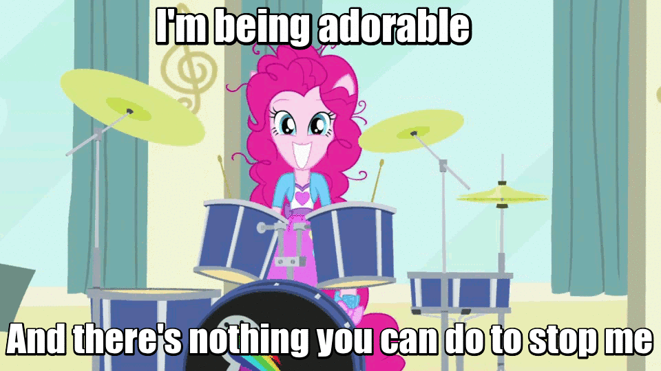 Size: 960x540 | Tagged: safe, screencap, character:pinkie pie, episode:pinkie on the one, equestria girls:rainbow rocks, g4, my little pony:equestria girls, and nopony can stop me, animated, ba dum tss, cute, diapinkes, drum kit, drums, image macro, meme, musical instrument, ponied up, rimshot, solo