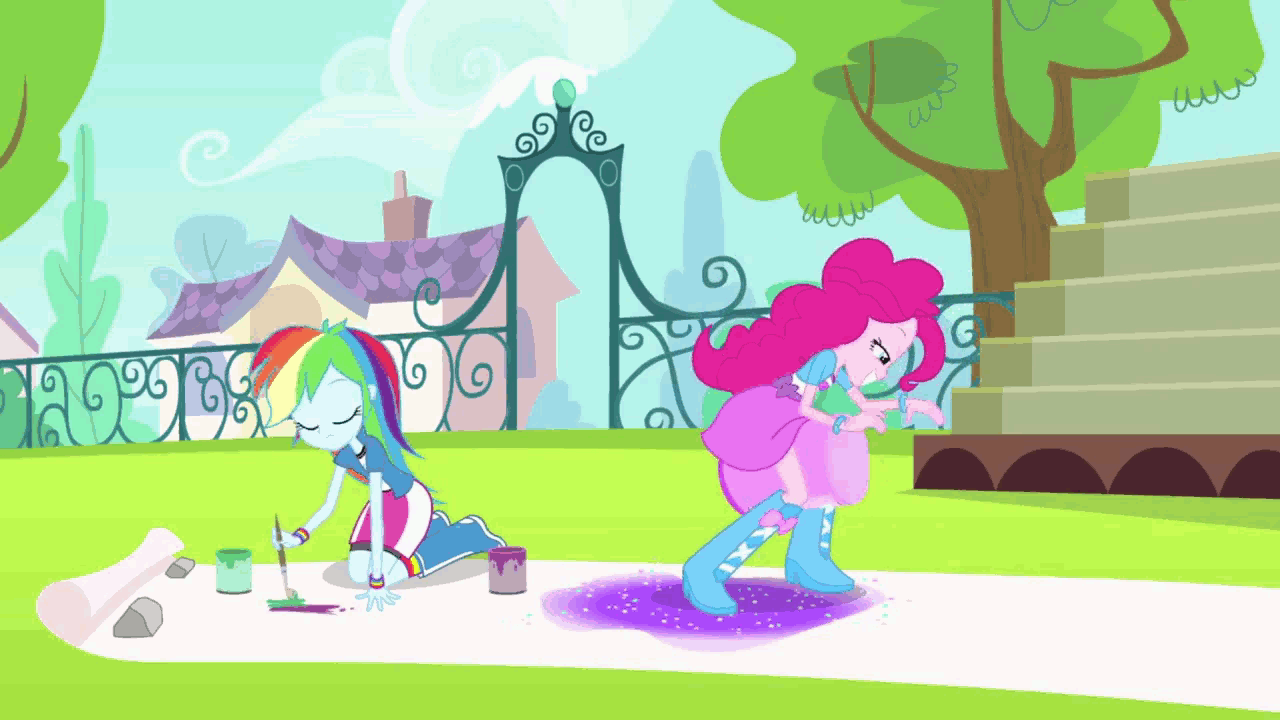 Size: 1280x720 | Tagged: safe, screencap, character:pinkie pie, character:rainbow dash, episode:pinkie on the one, equestria girls:rainbow rocks, g4, my little pony:equestria girls, animated, balloon, boots, bracelet, clothing, drumming, glitter, high heel boots, jewelry, out of context, paint, rock, skirt