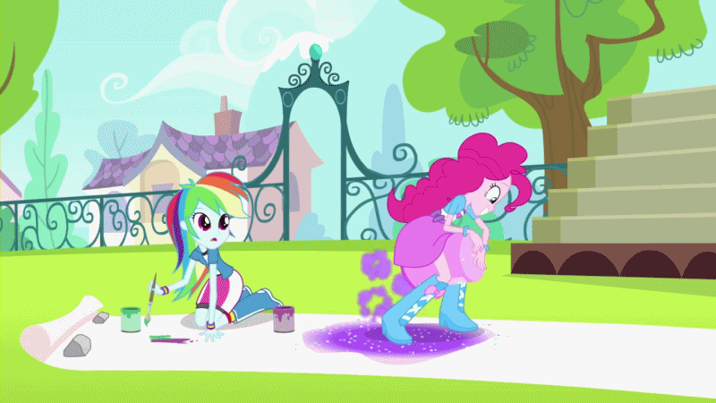 Size: 800x450 | Tagged: safe, screencap, character:pinkie pie, character:rainbow dash, episode:pinkie on the one, equestria girls:rainbow rocks, g4, my little pony:equestria girls, animated, cloud, covered, glitter, purple dash