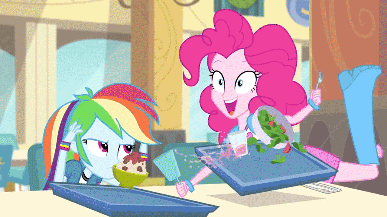 Size: 1280x720 | Tagged: safe, screencap, character:pinkie pie, character:rainbow dash, episode:pinkie on the one, equestria girls:equestria girls, equestria girls:rainbow rocks, g4, my little pony:equestria girls, animated, boot, bracelet, clothing, cup, food, irrational exuberance, jewelry, pasta, pinkie being pinkie, raised leg, salad, skirt, spaghetti, tray, wristband