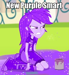 Size: 753x821 | Tagged: safe, screencap, character:rainbow dash, character:twilight sparkle, episode:pinkie on the one, equestria girls:rainbow rocks, g4, my little pony:equestria girls, angry, covered, frown, glare, glitter, gritted teeth, image macro, kneeling, meme, purple dash, purple smart, rainbow dash is not amused, solo, sparkles