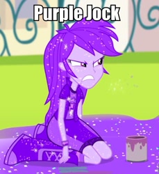 Size: 753x821 | Tagged: safe, screencap, character:rainbow dash, episode:pinkie on the one, equestria girls:rainbow rocks, g4, my little pony:equestria girls, covered, image macro, irate, meme, purple, purple dash, purple jock, solo