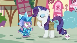 Size: 1449x811 | Tagged: safe, screencap, character:rarity, character:spike, episode:inspiration manifestation, g4, my little pony: friendship is magic, armor, crystal armor, hub logo