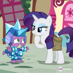 Size: 549x549 | Tagged: safe, official, screencap, character:rarity, character:spike, species:dragon, species:pony, species:unicorn, episode:inspiration manifestation, g4, my little pony: friendship is magic, armor, cropped, crystal, crystal armor, duo, female, hoof on chin, hub logo, male, mare, saddle bag, the hub