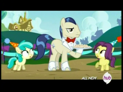 Size: 720x540 | Tagged: safe, screencap, character:banana peel, character:horte cuisine, character:mint flower, species:pony, episode:inspiration manifestation, g4, my little pony: friendship is magic, filly, hub logo, waiter