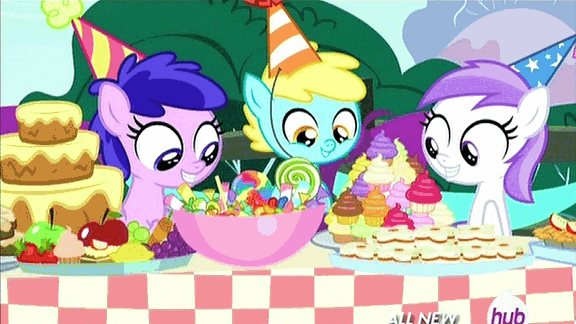 Size: 576x324 | Tagged: safe, screencap, character:plumberry, species:earth pony, species:pegasus, species:pony, episode:inspiration manifestation, g4, my little pony: friendship is magic, 5-year-old, animated, apple, bowl, cake, candy, clothing, colt, cupcake, cute, dilated pupils, eye shimmer, filly, floppy ears, food, frown, fruit, grin, hat, hors d'oeuvre, hub logo, hubble, male, open mouth, party hat, plate, sad, shrimp, smiling, the hub, titania, unnamed pony