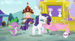 Size: 853x475 | Tagged: safe, screencap, character:rarity, character:spike, episode:inspiration manifestation, g4, my little pony: friendship is magic, faec, hub logo, marshmelodrama, puppet theater, scrunchy face