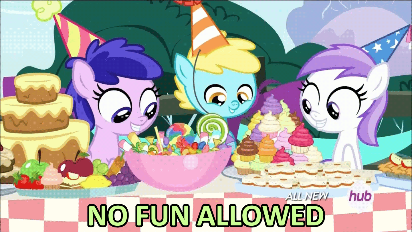 Size: 1440x810 | Tagged: safe, screencap, character:plumberry, episode:inspiration manifestation, g4, my little pony: friendship is magic, 5-year-old, animated, apple, bowl, cake, candy, clothing, cupcake, cute, dilated pupils, eye shimmer, filly, floppy ears, food, frown, fruit, grin, hat, hors d'oeuvre, hub logo, hubble, image macro, meme, no fun allowed, open mouth, party hat, plate, sad, shrimp, smiling, the hub, titania, unnamed pony