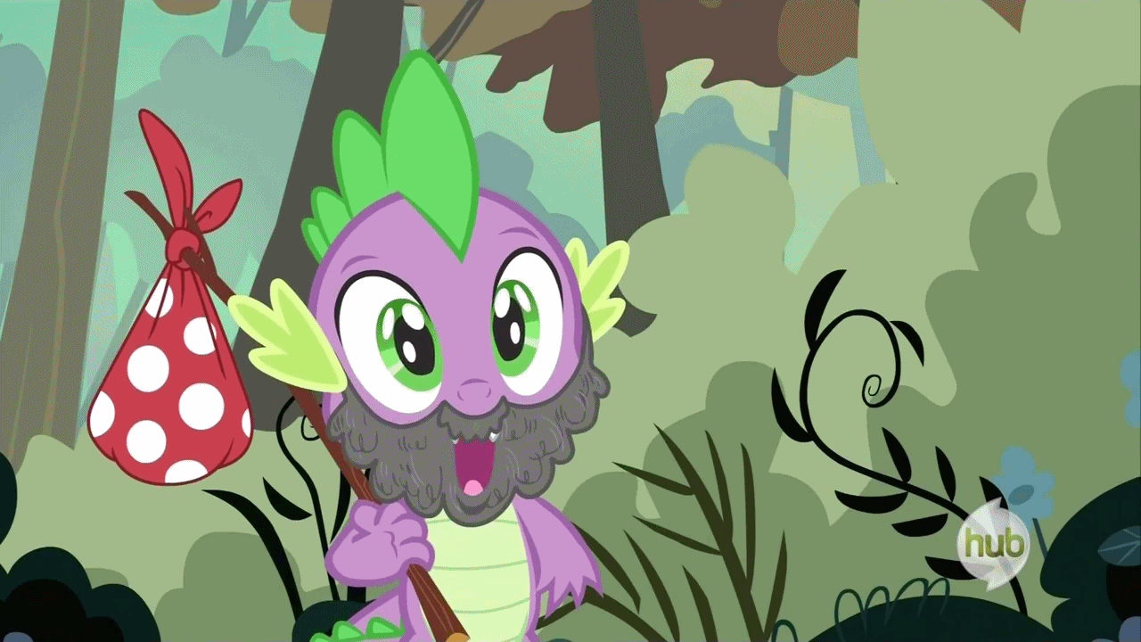 Size: 1280x720 | Tagged: safe, screencap, character:spike, episode:dragon quest, g4, my little pony: friendship is magic, animated, beard, bindle, facial hair, hobo, hobo spike, hub logo, male, open mouth, solo