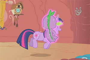 Size: 300x200 | Tagged: safe, screencap, character:spike, character:twilight sparkle, character:twilight sparkle (unicorn), species:dragon, species:pony, species:unicorn, episode:the return of harmony, g4, my little pony: friendship is magic, animated, duo, female, levitation, loop, magic, male, mare, telekinesis, tongue out