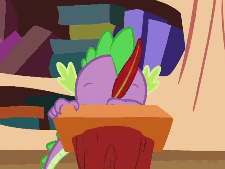Size: 722x542 | Tagged: safe, screencap, character:spike, episode:lesson zero, g4, my little pony: friendship is magic, animated, cropped, golden oaks library, left handed, loop, quill, solo, writing