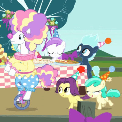 Size: 400x400 | Tagged: safe, screencap, character:banana peel, character:lightning flare, character:mint flower, character:plumberry, species:earth pony, species:pony, species:unicorn, episode:inspiration manifestation, g4, my little pony: friendship is magic, 5-year-old, animated, background pony, blank flank, brown sugar, cake, clothing, clown, colt, filly, hat, luis, male, mariachi, miguel, party, party hat, sancho, stallion, table, titania, unicycle, unnamed pony