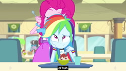 Size: 1280x719 | Tagged: safe, screencap, character:cherry crash, character:pinkie pie, character:rainbow dash, character:ringo, episode:pinkie on the one, equestria girls:rainbow rocks, g4, my little pony:equestria girls, annoyed, axel jones, background human, cafeteria, chair, cherry crash, column, cup, drumming, fork, lunch, meme, ringo, spaghetti, spoon, tray, youtube caption