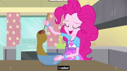 Size: 1279x719 | Tagged: safe, screencap, character:pinkie pie, episode:pinkie on the one, equestria girls:rainbow rocks, g4, my little pony:equestria girls, baking, batter, bowl, curtains, kitchen, ladle, meme, solo, youtube caption