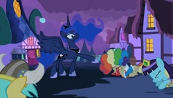 Size: 848x480 | Tagged: safe, screencap, character:mayor mare, character:princess luna, character:sunshower raindrops, episode:luna eclipsed, g4, my little pony: friendship is magic, clown