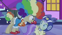 Size: 992x559 | Tagged: safe, screencap, character:alula, character:mayor mare, character:pluto, episode:luna eclipsed, g4, my little pony: friendship is magic, clown, faec, scrunchy face