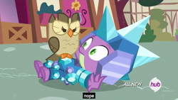 Size: 1279x719 | Tagged: safe, screencap, character:owlowiscious, character:spike, episode:inspiration manifestation, g4, my little pony: friendship is magic, armor, crystal armor, frown, glare, hub logo, meme, nope, on back, outdoors, ponyville, reaction image, surprisingly appropriate caption, wide eyes, youtube caption