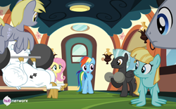 Size: 700x435 | Tagged: safe, official, screencap, character:bulk biceps, character:derpy hooves, character:fluttershy, character:helia, character:rainbow dash, character:thunderlane, species:pegasus, species:pony, episode:equestria games, g4, my little pony: friendship is magic, female, friendship express, hub logo, mare, weight lifting, weights, wing-ups