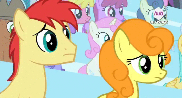 Size: 640x346 | Tagged: safe, screencap, character:applejack, character:berry punch, character:berryshine, character:bon bon, character:carrot top, character:cherry berry, character:don neigh, character:golden harvest, character:meadow song, character:pinkie pie, character:rarity, character:star bright, character:sunshower raindrops, character:sweetie drops, character:twinkleshine, character:upper east side, species:earth pony, species:pegasus, species:pony, species:unicorn, episode:equestria games, g4, my little pony: friendship is magic, animated, animation error, background pony, biting, clothing, cringing, eyelashes, female, hat, hoof biting, hub logo, hubble, male, mare, stallion, the hub, unnamed pony