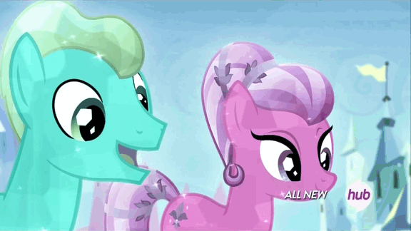 Size: 576x324 | Tagged: safe, screencap, character:bright smile, character:paradise (g4), species:crystal pony, species:pony, episode:equestria games, g4, my little pony: friendship is magic, animated, hub logo, hubble, smiling, talking, the hub