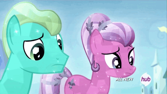 Size: 576x324 | Tagged: safe, screencap, character:bright smile, character:paradise (g4), species:crystal pony, species:pony, episode:equestria games, g4, my little pony: friendship is magic, animated, hub logo, hubble, puzzled, the hub