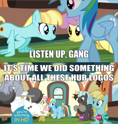 Size: 1572x1648 | Tagged: safe, screencap, character:bulk biceps, character:derpy hooves, character:fluttershy, character:helia, character:parasol, character:rainbow dash, character:thunderlane, species:pegasus, species:pony, episode:equestria games, g4, my little pony: friendship is magic, barbell, caption, female, hub logo, image macro, mare, meme, meta, meta joke, weight lifting, wing-ups
