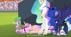 Size: 1534x811 | Tagged: safe, screencap, character:princess cadance, character:princess celestia, character:princess luna, character:spike, ship:spikedance, episode:equestria games, g4, my little pony: friendship is magic, female, harem, hub logo, male, meme, shipping, spike gets all the mares, spikelestia, spilulestia, spiluna, straight, youtube caption