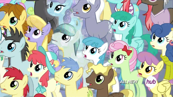 Size: 576x324 | Tagged: safe, screencap, character:bulk biceps, character:compass star, character:crystal arrow, character:daisy, character:dark moon, character:don neigh, character:florina tart, character:fluttershy, character:goldengrape, character:graphite, character:neon lights, character:parasol, character:princess celestia, character:princess luna, character:rainbow dash, character:rainbow swoop, character:rising star, character:royal riff, character:sapphire joy, character:spectrum, character:spring melody, character:sprinkle medley, character:strawberry ice, character:sunshower raindrops, character:white lightning, species:crystal pony, species:pegasus, species:pony, episode:equestria games, g4, my little pony: friendship is magic, animated, apple family member, blueberry curls, bubblegum blossom, cherry gold, crimson cream, crystal stadium, fashion statement, female, hub logo, hubble, ice, ice cloud, mare, mare e. belle, prism glider, prism strider, rainbow swoop, spectrum, the hub, trail, warm front
