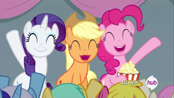 Size: 1920x1080 | Tagged: safe, screencap, character:applejack, character:cherry berry, character:minuette, character:pinkie pie, character:rarity, character:sunshower raindrops, character:twinkleshine, episode:equestria games, g4, my little pony: friendship is magic, faec, hub logo, popcorn