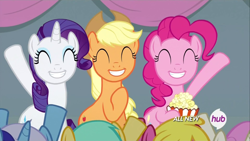 Size: 1920x1080 | Tagged: safe, screencap, character:applejack, character:cherry berry, character:minuette, character:pinkie pie, character:rarity, character:sunshower raindrops, character:twinkleshine, episode:equestria games, g4, my little pony: friendship is magic, hub logo, popcorn