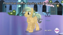 Size: 1280x719 | Tagged: safe, screencap, character:atomic crystal, species:crystal pony, species:pony, episode:equestria games, g4, my little pony: friendship is magic, atom, background pony, hub logo, image macro, meme, physics, science, solo