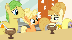 Size: 1280x719 | Tagged: safe, screencap, character:applejack, character:aunt orange, character:uncle orange, cute, filly, lidded eyes, nose wrinkle, scrunchy face, smiling, wide eyes