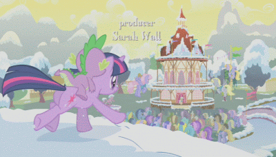 Size: 400x228 | Tagged: safe, screencap, character:amethyst star, character:derpy hooves, character:doctor whooves, character:lemon hearts, character:linky, character:lyra heartstrings, character:mayor mare, character:minuette, character:rainbowshine, character:shoeshine, character:sparkler, character:spike, character:time turner, character:twilight sparkle, character:twilight sparkle (unicorn), species:dragon, species:pegasus, species:pony, species:unicorn, episode:winter wrap up, g4, my little pony: friendship is magic, animated, butt, dragons riding ponies, duo focus, female, male, mare, plot, riding, run cycle, running