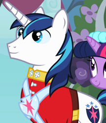 Size: 403x467 | Tagged: safe, screencap, character:shining armor, character:twilight sparkle, clothing, happy, smiling, tunic