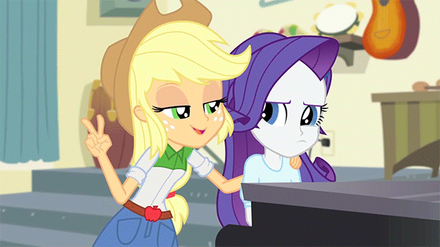 Size: 640x360 | Tagged: safe, screencap, character:applejack, character:rarity, episode:player piano, equestria girls:rainbow rocks, g4, my little pony:equestria girls, air quotes, animated, implying, out of context