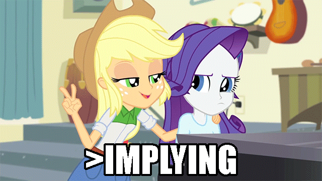 Size: 640x360 | Tagged: safe, screencap, character:applejack, character:rarity, episode:player piano, equestria girls:rainbow rocks, g4, my little pony:equestria girls, air quotes, animated, image macro, implying, meme, pouting