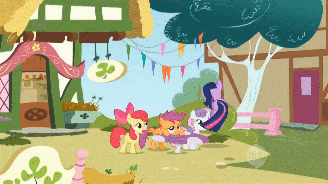 Size: 640x360 | Tagged: safe, screencap, character:apple bloom, character:scootaloo, character:sweetie belle, character:twilight sparkle, species:pegasus, species:pony, episode:the cutie mark chronicles, g4, my little pony: friendship is magic, animated, ei, extreme speed animation, happy, hopping, hub logo, loop, pronking, yes, yes yes yes
