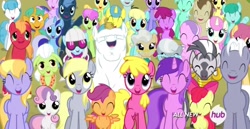Size: 1916x989 | Tagged: safe, screencap, character:amethyst star, character:apple bloom, character:berry punch, character:berryshine, character:big mcintosh, character:bulk biceps, character:cherry berry, character:cloud kicker, character:derpy hooves, character:diamond tiara, character:dizzy twister, character:granny smith, character:lemon hearts, character:lyra heartstrings, character:mane moon, character:mayor mare, character:merry may, character:minuette, character:neon lights, character:orange swirl, character:parasol, character:photo finish, character:rainbowshine, character:rising star, character:royal riff, character:sassaflash, character:scootaloo, character:sea swirl, character:silver spoon, character:snails, character:snips, character:sparkler, character:spring melody, character:sprinkle medley, character:star hunter, character:sunshower raindrops, character:sweetie belle, character:twinkleshine, character:white lightning, character:zecora, species:earth pony, species:pegasus, species:pony, species:unicorn, species:zebra, episode:twilight's kingdom, g4, my little pony: friendship is magic, adorableshine, adorasmith, apple bloom's bow, background pony, berrybetes, big macintosh's yoke, bow, bulkabetes, collar, colt, crescent pony, cute, cutie mark crusaders, diamondbetes, diasnails, disguise, disguised changeling, ear piercing, earring, elderly, eyes closed, female, filly, foal, glasses, granny smith's scarf, hair bow, happy, hub logo, hubble, jewelry, kevin (changeling), lemonbetes, let the rainbow remind you, lyrabetes, macabetes, male, mare, minubetes, open mouth, piercing, seadorable, silverbetes, smiling, stallion, the hub, wall of tags, zecorable