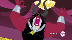 Size: 640x360 | Tagged: safe, screencap, character:lord tirek, species:centaur, episode:twilight's kingdom, g4, my little pony: friendship is magic, bracer, cute, faec, hub logo, hubble, male, nose piercing, nose ring, piercing, reaction image, scorpan's necklace, shocked, solo, tirebetes