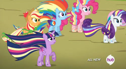 Size: 851x465 | Tagged: safe, screencap, character:applejack, character:pinkie pie, character:rainbow dash, character:rarity, character:twilight sparkle, character:twilight sparkle (alicorn), species:alicorn, species:pony, episode:twilight's kingdom, g4, my little pony: friendship is magic, :o, female, hub logo, long mane, long tail, mare, rainbow power, raised hoof, surprised, toyetic, wide eyes, windswept mane