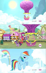 Size: 1441x2287 | Tagged: safe, screencap, character:big mcintosh, character:chelsea porcelain, character:derpy hooves, character:geri, character:granny smith, character:mr. waddle, character:rainbow dash, character:spike, character:twilight sparkle, species:earth pony, species:pony, hot air balloon, hub logo, intro, male, meme, stallion, twinkling balloon, youtube caption