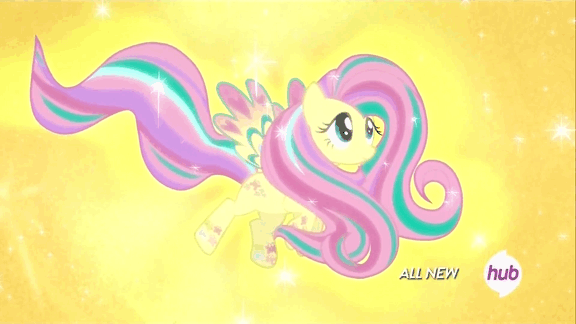 Size: 576x324 | Tagged: safe, screencap, character:fluttershy, episode:twilight's kingdom, g4, my little pony: friendship is magic, animated, hub logo, hubble, long mane, long tail, rainbow power, rainbow power-ified, solo, sparkles, spread wings, the hub, windswept mane, wings
