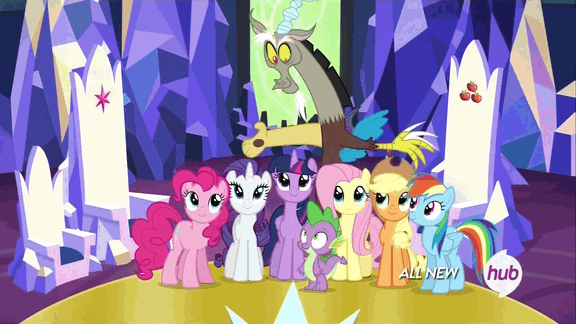 Size: 576x324 | Tagged: safe, screencap, character:applejack, character:discord, character:fluttershy, character:pinkie pie, character:rainbow dash, character:rarity, character:spike, character:twilight sparkle, character:twilight sparkle (alicorn), species:alicorn, species:pony, episode:twilight's kingdom, g4, my little pony: friendship is magic, animated, female, friendship throne, group hug, hub logo, hubble, hug, mane seven, mane six, mare, the hub, throne