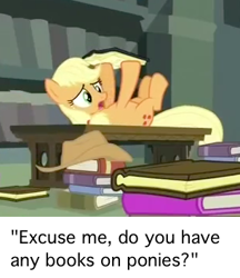 Size: 306x354 | Tagged: safe, screencap, character:applejack, species:pony, episode:twilight's kingdom, g4, my little pony: friendship is magic, book, on back, pun, silly, silly pony, solo, visual gag