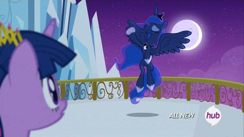 Size: 950x534 | Tagged: safe, screencap, character:princess luna, character:twilight sparkle, character:twilight sparkle (alicorn), species:alicorn, species:pony, episode:twilight's kingdom, g4, my little pony: friendship is magic, animated, balcony, chestplate, crown, cute, duo, ethereal mane, eyes closed, eyeshadow, female, flapping, flowing mane, hoof shoes, hub logo, jewelry, majestic, makeup, mare, moon, raised hoof, regalia, singing, spread wings, wings, you'll play your part